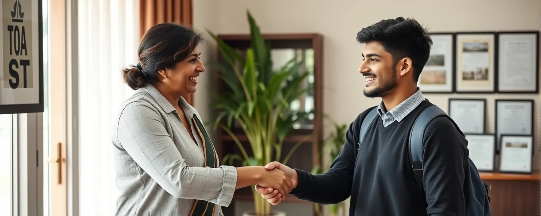 A placement officer shaking hands with a student