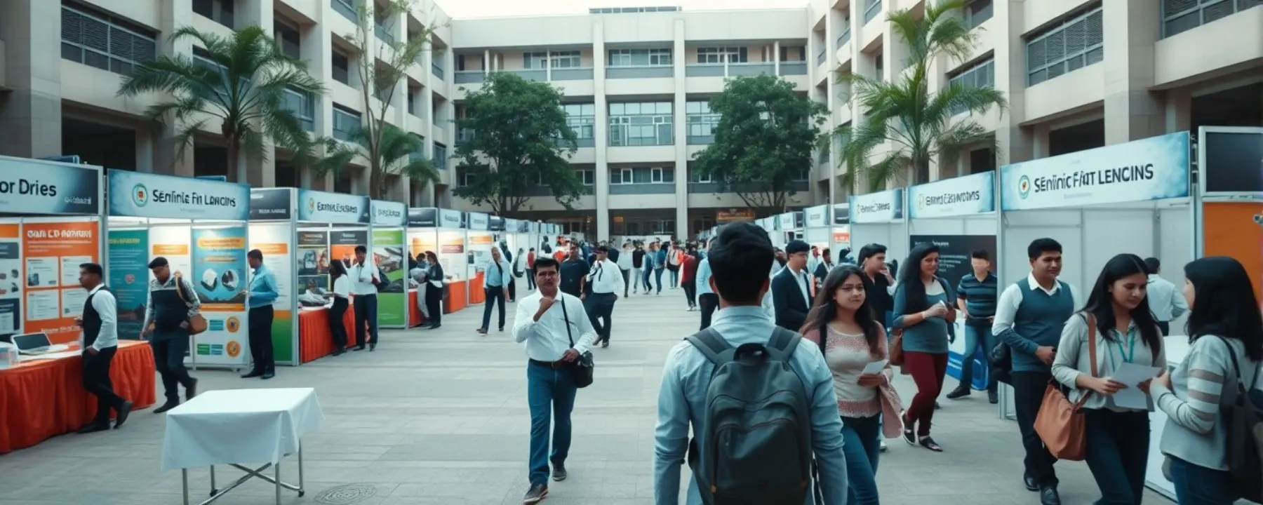 Students and recruiters at a campus placement drive